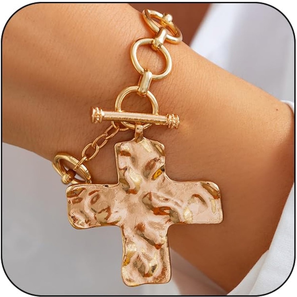 Gold Textured Cross Bracelet Statement Jewelry